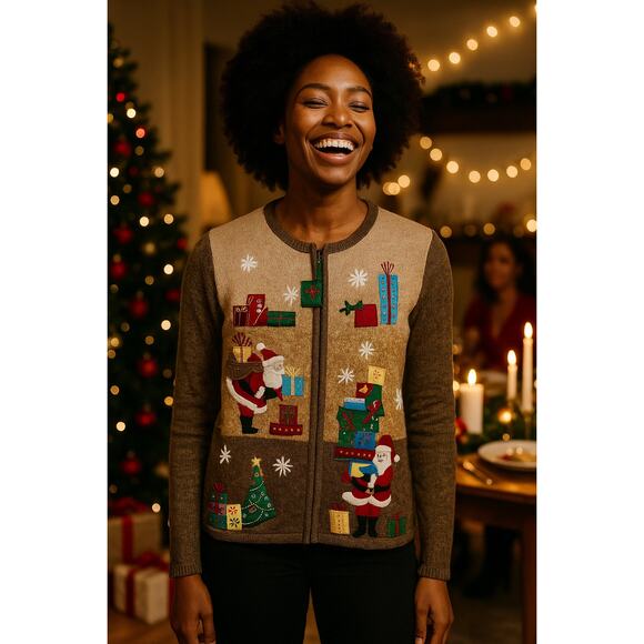 VTG Tiara International Santa Gifts Christmas zip Cardigan Sweater Medium Brown - Picture 1 of 7